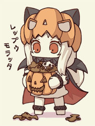 Rule 34 | 10s, 1girl, abyssal ship, alternate costume, bat wings, cape, carrying, chibi, colored skin, cookie, failure penguin, food, gingerbread man, halloween, hat, horns, jack-o&#039;-lantern, kantai collection, kata meguma, miss cloud, mittens, northern ocean princess, red eyes, solo, translation request, white hair, white skin, wings