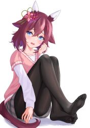 Rule 34 | 1girl, animal ears, blue eyes, blush, casual, collarbone, commentary request, feet, hair flaps, hair ornament, highres, horse ears, horse tail, looking at viewer, medium hair, no shoes, open mouth, pantyhose, philo 324, pink hair, sakura chiyono o (umamusume), shorts, sitting, soles, solo, tail, thighs, toes, umamusume, white background