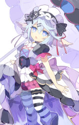 Rule 34 | 1girl, animal ears, arm at side, black dress, black thighhighs, blue eyes, blue hair, clothes lift, commentary request, cyenmi3, dress, feet out of frame, flipped hair, granblue fantasy, halloween, highres, holding, holding umbrella, layered dress, light blue hair, looking at viewer, maid headdress, multicolored clothes, multicolored dress, open mouth, parasol, pink pupils, puffy short sleeves, puffy sleeves, short hair, short sleeves, skirt, skirt lift, solo, sparkling eyes, striped clothes, striped thighhighs, thighhighs, umbrella, wamdus (abyssal chironex) (granblue fantasy), wamdus (granblue fantasy), white dress, white thighhighs