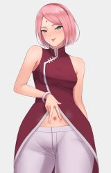 Rule 34 | 1girl, :p, absurdres, arm behind back, bad id, bad pixiv id, bare shoulders, blush, boruto: naruto next generations, bracelet, breasts, center opening, chinese clothes, commentary, cowboy shot, facial mark, forehead mark, green eyes, grey background, hairband, hand on own stomach, haruno sakura, highres, jewelry, looking at viewer, mature female, medium breasts, mil k vanilla, naruto, naruto (series), navel, nose blush, pants, pink hair, red hairband, red shirt, shirt, short hair, sidelocks, simple background, sleeveless, sleeveless shirt, smile, solo, spread navel, standing, steam, taut clothes, taut shirt, tongue, tongue out, white pants