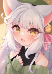 Rule 34 | 1girl, :3, absurdres, animal ears, bare shoulders, bell, beret, black shirt, blush, bow, cat ears, cat girl, commission, dahlia wintra, fang, green beret, green hat, green sweater, hair ribbon, hand on own chest, hat, highres, looking at viewer, mashir oxo, open mouth, pink bow, portrait, ribbon, shirt, signature, skeb commission, skin fang, sleeveless, sleeveless shirt, solo, sweater, tomopulse, white hair, yellow eyes