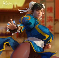 Rule 34 | 1girl, artnip, black hair, blue dress, bracelet, breasts, brown eyes, brown pantyhose, capcom, china dress, chinese clothes, chun-li, clenched hand, covered erect nipples, double bun, dress, earrings, female pubic hair, fighting stance, hair bun, huge breasts, jewelry, lips, no panties, nose, pantyhose, pelvic curtain, pubic hair, pubic hair peek, puffy short sleeves, puffy sleeves, sash, short hair, short sleeves, solo, spiked bracelet, spikes, street fighter, thick eyebrows, thick thighs, thighs