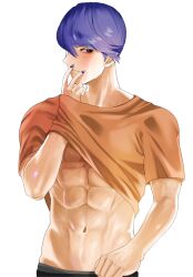 Rule 34 | 1boy, abs, belt, black pants, blue eyes, blush, clothes lift, guilty challenge (meme), hair over one eye, highres, leviathan (obey me!), male focus, meme, muscular, muscular male, navel, obey me!: one master to rule them all!, obm yuuki, orange shirt, pants, purple hair, shirt, shirt lift, short hair, solo, stomach