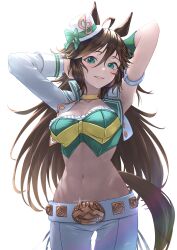 Rule 34 | 1girl, ahoge, animal ears, arm strap, armpits, arms up, bow, breasts, brown hair, choker, cleavage, commentary request, cowboy shot, crop top, green bow, green eyes, green shirt, grin, hair between eyes, hat, hat bow, highres, horse ears, large breasts, long hair, long sleeves, looking at viewer, midriff, mini hat, mini top hat, mr. c.b. (umamusume), nabe puyo, navel, shirt, simple background, single sleeve, smile, solo, standing, stomach, strapless, strapless shirt, tail, top hat, umamusume, very long hair, white background, white hat, yellow choker