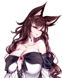 Rule 34 | 1girl, animal ears, breasts, brooch, brown hair, collarbone, dress, highres, imaizumi kagerou, jewelry, large breasts, long hair, long sleeves, looking at viewer, open mouth, raptor7, red eyes, simple background, solo, touhou, upper body, white background, white dress, wide sleeves, wolf ears