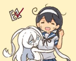 Rule 34 | 2girls, abyssal ship, ahoge, black hair, blue eyes, clenched hand, comic, commentary request, dress, closed eyes, hachimaki, hair between eyes, head on chest, headband, hug, kantai collection, long hair, looking at viewer, lowres, multiple girls, new submarine princess, open mouth, saiguchi otoufu, school uniform, scratches, serafuku, short sleeves, sleeveless, sleeveless dress, smile, upper body, white hair, yellow background