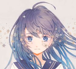 Rule 34 | 1girl, bandaid, bandaid on face, blue eyes, blue hair, commentary request, gradient hair, grey background, light frown, long hair, looking at viewer, multicolored hair, original, portrait, ryokuno green, sailor collar, shirt, solo, sparkle, star (symbol), white shirt