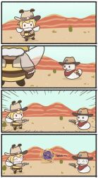 Rule 34 | 1girl, 2others, 4koma, :&lt;, absurdres, aiming, antennae, bee, bee costume, blue bow, blue sky, boros (ouro kronii), bow, bug, cactus, chibi, comic, commentary, cowboy hat, cowboy western, desert, english commentary, fang, gun, handgun, hat, highres, hololive, hololive english, holster, holstered, insect, insect wings, mountain, mountainous horizon, mpien, multiple others, octopus, open mouth, outdoors, pointing gun, revolver, silent comic, sky, smol ame, snake, sweatdrop, takodachi (ninomae ina&#039;nis), tumbleweed, virtual youtuber, watson amelia, weapon, white snake, wings