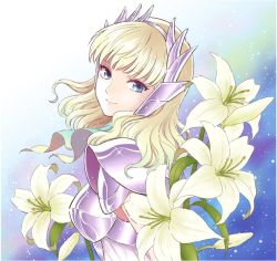 Rule 34 | 1girl, armor, blonde hair, blue eyes, closed mouth, delphinus mii, floating hair, flower, from side, hairband, head tilt, lily (flower), lisa (lisa lisa life), long hair, looking at viewer, pauldrons, saint seiya, saint seiya saintia sho, shoulder armor, smile, solo, upper body, white flower, white hairband