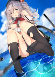 Rule 34 | 10s, 1girl, blue eyes, blush, bow, breasts, hat, kantai collection, kashima (kancolle), kneehighs, long hair, silver hair, socks, solo, thighs, torn clothes, torn legwear, torn socks, underboob, water, zzzzxxx2010nian
