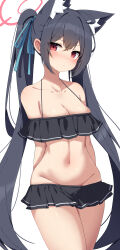 Rule 34 | 1girl, absurdres, animal ear fluff, animal ears, arms behind back, bikini, black bikini, black hair, blue archive, blue ribbon, breasts, cleavage, collarbone, commentary, frilled bikini, frills, groin, hair ribbon, halo, highres, long hair, looking at viewer, medium breasts, navel, official alternate costume, red eyes, red halo, ribbon, serika (blue archive), serika (swimsuit) (blue archive), simple background, solo, standing, stomach, swimsuit, symbol-only commentary, thighs, twintails, very long hair, w.k, white background