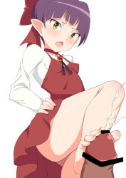 Rule 34 | 1girl, bar censor, barefoot, bow, breasts, censored, choker, cum, dress, ejaculation, fang, feet, footjob, gegege no kitarou, gegege no kitarou 6, green eyes, hair bow, hand on own hip, long sleeves, looking down, nekomusume, nekomusume (gegege no kitarou 6), open mouth, penis, pointy ears, pov, purple hair, red dress, shiny skin, simple background, small breasts, solo focus, toes, toshishikisai, upskirt, v-shaped eyebrows, white background, white sleeves