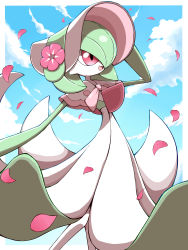 Rule 34 | :d, absurdres, bonnet, border, capelet, cloud, commentary, creatures (company), day, flower, game freak, gardevoir, gardevoir (fashionable), gen 3 pokemon, hand up, highres, nintendo, open mouth, outdoors, outside border, petals, pink flower, pokemon, pokemon (creature), pokemon unite, red eyes, shabana may, sky, smile, solo, tongue, white border, white headwear