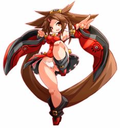 Rule 34 | 1girl, armpits, bare shoulders, boots, breasts, brown eyes, brown hair, china dress, chinese clothes, detached sleeves, dress, covered erect nipples, fighting stance, guilty gear, hair ornament, hairclip, highres, karukan (monjya), kuradoberi jam, large breasts, long hair, matching hair/eyes, open mouth, panties, skirt, smile, solo, standing, standing on one leg, thigh strap, toned, underwear, very long hair, wide sleeves