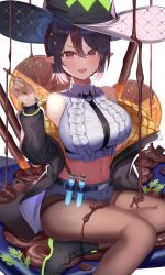 Rule 34 | 1girl, :d, absurdres, amahara subaru, bare shoulders, belt, black footwear, black hair, black hat, black jacket, breasts, brown pantyhose, chest harness, chocolate, crop top, fang, frilled shirt, frills, grey shorts, hand up, harness, hat, highres, indie virtual youtuber, isonade orca, jacket, large breasts, long sleeves, looking at viewer, micro shorts, midriff, multicolored hair, nail polish, navel, off shoulder, open clothes, open jacket, open mouth, pantyhose, pointy ears, red eyes, revealing clothes, shirt, shoes, short hair, shorts, sidelocks, sitting, sleeveless, sleeveless shirt, smile, solo, stomach, streaked hair, test tube, thighband pantyhose, thighs, v-shaped eyebrows, virtual youtuber, white shirt, witch hat