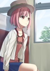 Rule 34 | 10s, 1girl, arms at sides, asymmetrical bangs, blue skirt, blue sky, blurry, bow, brown hat, chair, closed mouth, clothes writing, collarbone, cowboy shot, day, erezu, expressionless, fedora, green bow, hat, hat bow, highres, jacket, koharu yoshino, long sleeves, motion blur, open clothes, open jacket, pink hair, plant, red eyes, sakura quest, short hair, sitting, skirt, sky, solo, train interior, tree, unbuttoned, upper body, white jacket, window