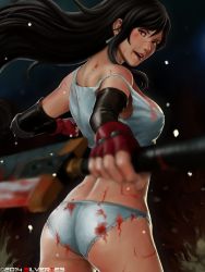 Rule 34 | 10s, 1990s (style), 1girl, 2014, artist name, ass, black hair, blood, blood on clothes, bloody weapon, blurry, breasts, buster sword, clenched hand, cowboy shot, crop top, depth of field, earrings, female focus, final fantasy, final fantasy vii, fingerless gloves, foreshortening, from behind, gloves, grey panties, holding, jewelry, lace, lace-trimmed panties, lace trim, lips, looking at viewer, looking back, midriff, nose, open mouth, panties, realistic, red eyes, silvertes, solo, square enix, strap slip, tank top, tifa lockhart, underwear, watermark, weapon, white panties
