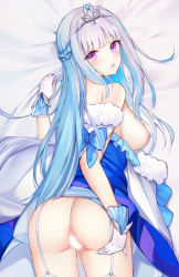 Rule 34 | 1girl, aimee (emi), ass, bad id, bad pixiv id, blue bow, blue dress, blue hair, blunt bangs, bow, breasts, censored, colored inner hair, dakimakura (medium), dress, fur trim, garter straps, gloves, hand on own ass, highres, lize helesta, long hair, looking at viewer, looking back, lying, multicolored hair, nijisanji, nipples, on bed, on stomach, open mouth, purple eyes, pussy juice, silver hair, solo, tiara, two-tone hair, virtual youtuber, white gloves