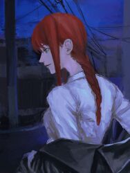 Rule 34 | 1girl, black jacket, braid, braided ponytail, chainsaw man, collared shirt, dark, highres, jacket, jacket partially removed, long hair, looking to the side, makima (chainsaw man), night, night sky, power lines, red hair, ringed eyes, road, shirt, sidelocks, sky, solo, street, utility pole, white shirt, yellow eyes, yohohoi