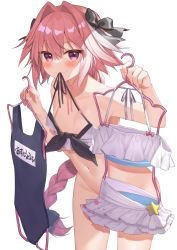 Rule 34 | 1boy, absurdres, astolfo (fate), astolfo (femboy idol) (fate), astolfo (sparkling frills) (fate), bikini, blush, bottomless, bow, braid, braided ponytail, collarbone, convenient censoring, fate/apocrypha, fate (series), hair bow, hair intakes, highres, kan&#039;yu (citron 82), long hair, looking at viewer, multicolored hair, navel, official alternate costume, pink hair, purple eyes, simple background, smile, solo, streaked hair, swimsuit, thighs, trap, white background, white hair