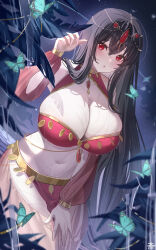 Rule 34 | 1girl, absurdres, alternate costume, azur lane, black hair, blush, breasts, bug, butterfly, cleavage, dancer, hand up, highres, huge breasts, insect, jewelry, long hair, long sleeves, looking at viewer, navel, outdoors, parted lips, red eyes, solo, taihou (azur lane), tansuan (ensj3875), wet