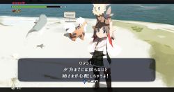 Rule 34 | 1girl, animal, beach, blue eyes, brown hair, carrying overhead, commentary request, creatures (company), dialogue box, dog, fake screenshot, game freak, gen 1 pokemon, gen 5 pokemon, growlithe, hiei (kancolle), kantai collection, lillipup, nintendo, nontraditional miko, ocean, parody, plaid, pokemon, pokemon (creature), road sign, short hair, sign, siirakannu, skirt, starfish, the legend of zelda, the legend of zelda: the wind waker, translation request, aged down