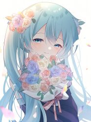 Rule 34 | 1girl, absurdres, backlighting, blue eyes, blue hair, blush, bouquet, detached sleeves, falling petals, flower, hair flower, hair ornament, hatsune miku, highres, holding, holding bouquet, holding flower, long hair, long sleeves, looking at viewer, petals, ribbon, smile, solo, twintails, upper body, vocaloid, white background, yomiya yumeha