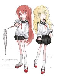 Rule 34 | 2girls, blonde hair, character request, closed mouth, fish, full body, hair between eyes, highres, holding, long hair, long sleeves, miniskirt, multiple girls, null-meta, parted lips, pleated skirt, red eyes, red hair, reitoubeef, sailor collar, school uniform, serafuku, shoes, simple background, skirt, socks, solo, uwabaki, white background, white socks, yellow eyes