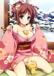 Rule 34 | 1girl, absurdres, animal ears, bare shoulders, between breasts, blue eyes, breasts, brown hair, cat ears, cat tail, censored, cleavage, collarbone, comic toranoana, convenient censoring, floral print, flower, hair flower, hair ornament, hair stick, hair up, highres, japanese clothes, kanzashi, kimono, kotora (toranoana), large breasts, looking at viewer, no panties, obi, off shoulder, original, sash, sayagata, sitting, smile, snow, solo, tail, tatami, tiger, tiger ears, tiger tail, toranoana, wariza, yuujo, yuuki hagure