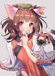 Rule 34 | 2girls, absurdres, alternate costume, animal ear fluff, animal ears, animal hands, black dress, blunt bangs, blush, blush stickers, braid, brown hair, cat ears, cat girl, cat tail, chen, chibi, chibi inset, commentary request, covering own mouth, dress, foul detective satori, frilled sleeves, frills, green headwear, grey background, hat, heart, highres, holding, kaenbyou rin, lace trim, looking at viewer, masanaga (tsukasa), mob cap, multiple girls, multiple tails, red hair, short hair, short sleeves, simple background, tabard, tail, touhou, twin braids, two tails, upper body, white dress