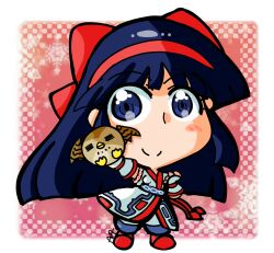 Rule 34 | 1girl, ainu clothes, blue eyes, blue hair, breasts, chibi, cosplay, fingerless gloves, gloves, hair ribbon, highres, legs, long hair, looking at viewer, mamahaha, nakoruru, pants, ribbon, samurai spirits, small breasts, smile, snk, solo, the king of fighters, thighs, weapon