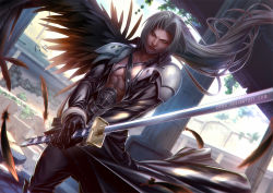 Rule 34 | 1boy, abs, armor, black wings, boots, feathers, fighting stance, final fantasy, final fantasy vii, holding, holding sword, holding weapon, katana, long hair, male focus, outdoors, pectorals, pillar, ruins, sephiroth, shoulder armor, silver hair, single wing, solo, sword, weapon, wings, xong, yellow eyes