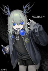 Rule 34 | 1girl, 2024, antlers, black background, black nails, black shirt, black shorts, blue eyes, chinese zodiac, commentary request, cowboy shot, fangs, giv 81, grey pupils, grey tongue, hair between eyes, hand up, happy new year, headphones, headphones around neck, highres, holding, horns, ibispaint (medium), jacket, long sleeves, long tongue, looking at viewer, making-of available, medium hair, nail polish, new year, open clothes, open jacket, open mouth, original, shirt, short shorts, shorts, sleeves past wrists, slit pupils, solo, tongue, tongue out, year of the dragon