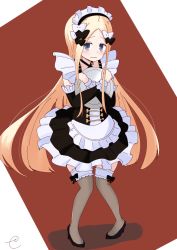 Rule 34 | 1girl, abigail williams (fate), alternate costume, apron, black bow, black dress, black footwear, blonde hair, blue eyes, blush, bow, brown background, brown thighhighs, closed mouth, commentary request, detached sleeves, dress, enmaided, fate/grand order, fate (series), forehead, frilled apron, frills, hair bow, high heels, highres, kujou karasuma, long hair, long sleeves, looking at viewer, maid, maid headdress, multicolored hair, hugging object, parted bangs, pigeon-toed, shoes, sidelocks, signature, sleeveless, sleeveless dress, solo, standing, thighhighs, two-tone hair, very long hair, waist apron, wavy mouth, white apron, white background, white bow