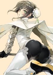Rule 34 | 1girl, ass, black gloves, black hair, bodysuit, breasts, cape, commentary request, crotch, double bun, fate/grand order, fate (series), fingerless gloves, gloves, green eyes, hair between eyes, hair bun, highres, holding, holding weapon, leg up, looking at viewer, looking back, medium breasts, open mouth, polearm, qin liangyu (fate), shiny clothes, short hair, sidelocks, skin tight, solo, taishi (picchiridou), weapon