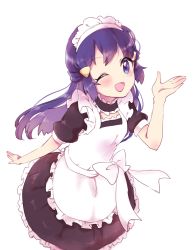 Rule 34 | 1girl, alternate costume, apron, artist request, black dress, blue eyes, blue hair, blush, bow, breasts, choker, creatures (company), dawn (pokemon), dress, frilled dress, frills, game freak, hair ornament, hairclip, hand up, long hair, looking at viewer, maid, maid apron, maid headdress, matching hair/eyes, nintendo, one eye closed, open mouth, pokemon, pokemon dppt, short sleeves, simple background, small breasts, smile, solo, standing, white background, white bow, wink