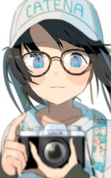 Rule 34 | 1girl, baseball cap, black hair, blue eyes, blurry, blurry foreground, blush stickers, camera, collarbone, commentary request, earrings, glasses, hat, highres, holding, holding camera, hood, hood down, hoodie, hoop earrings, idolmaster, idolmaster shiny colors, jewelry, kakuzato, looking at viewer, mitsumine yuika, reflection, simple background, sleeves past wrists, strap, swept bangs, twintails, upper body, white background, white hoodie