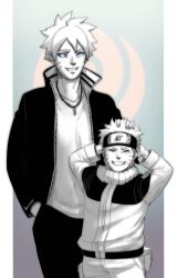 Rule 34 | 2boys, aged up, behindxa, blue eyes, boruto: naruto next generations, colored sclera, commentary, father and son, forehead protector, grey sclera, greyscale with colored background, grin, hand in pocket, hand on another&#039;s head, headband, highres, jacket, konohagakure symbol, male focus, multiple boys, naruto, naruto (series), smile, spot color, time paradox, uzumaki boruto, uzumaki naruto