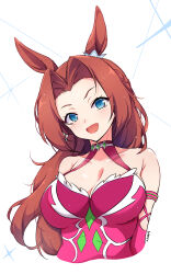 Rule 34 | 1girl, :d, animal ears, bare shoulders, blue eyes, braid, breasts, brown hair, cleavage, collarbone, commentary, cropped torso, crown braid, dated, detached sleeves, dress, ear ornament, highres, horse ears, horse girl, kawakami princess (umamusume), large breasts, light blush, long hair, looking at viewer, open mouth, parted bangs, pink dress, pink sleeves, ripe.c, sleeveless, sleeveless dress, smile, solo, umamusume