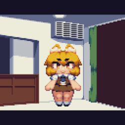 Rule 34 | 1boy, 1girl, air conditioner, animal ears, animated, animated gif, black necktie, blonde hair, brown skirt, brown vest, chibi, closed mouth, collared shirt, commentary request, cookie (touhou), curtains, fox ears, fox girl, full body, glitch, indoors, jumping, letterboxed, looking at viewer, manatsu no yo no inmu, medium bangs, miramikaru riran, necktie, orange eyes, pixel art, shirt, short hair, short sleeves, skirt, skirt set, smile, takuya (acceed), teleport, tonchamon san, vest, white shirt