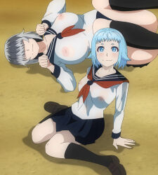 2girls absurdres anime_screenshot arm_support black_skirt black_socks blue_eyes breasts closed_mouth covered_erect_nipples elf-san_wa_yaserarenai. grey_hair hair_over_eyes highres huge_breasts kneeling loafers long_sleeves looking_at_viewer lying mero_(elf-san_wa_yaserarenai.) multiple_girls nipples on_back outdoors paw_pose pleated_skirt raika_(elf-san_wa_yaserarenai.) sailor_collar school_uniform see-through_clothes see-through_shirt serafuku shirt shoes short_hair sitting skirt smile socks stitched third-party_edit wariza wet wet_clothes wet_shirt white_shirt