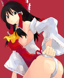 Rule 34 | 1girl, adapted costume, ascot, ass, bow, breasts, brown hair, detached sleeves, female focus, hair bow, hair tubes, hakurei reimu, highres, large breasts, leotard, long hair, red leotard, ribbon, solo, tamago soup, touhou, wrestling outfit