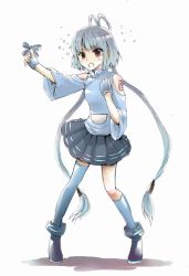 Rule 34 | 1girl, asymmetrical legwear, bare shoulders, fingerless gloves, gloves, long hair, luo tianyi, mismatched legwear, red eyes, shammy1000, short hair with long locks, silver hair, simple background, single thighhigh, skirt, solo, thighhighs, twintails, very long hair, vocaloid