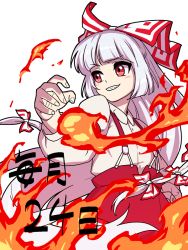 Rule 34 | 1girl, blunt bangs, blunt ends, blush, bow, collared shirt, commentary request, cowboy shot, fire, fujiwara no mokou, grin, hair bow, hand in pocket, itani illust, long hair, long sleeves, pants, red bow, red eyes, red pants, shirt, smile, solo, suspenders, touhou, two-tone bow, v-shaped eyebrows, very long hair, white background, white bow, white hair, white shirt
