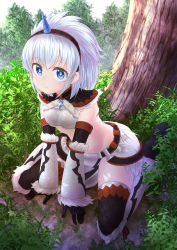 Rule 34 | 1girl, absurdres, blue eyes, breasts, commentary request, day, detached sleeves, elbow gloves, eyes visible through hair, fur-trimmed sleeves, fur trim, gloves, grass, hairband, highres, horns, kakutasu (akihiron cactus), kirin (armor), monster hunter (series), nature, outdoors, plant, short hair, silver hair, single horn, sitting, small breasts, solo, thighhighs, thighs, tree