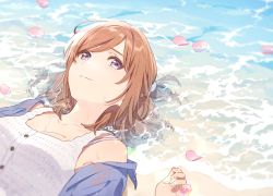 Rule 34 | 1girl, absurdres, beach, brown hair, camisole, closed mouth, collarbone, hand up, hechima (issindotai), highres, long sleeves, lying, medium hair, ocean, on back, original, petals, purple eyes, purple shirt, shirt, smile, solo, water, white camisole