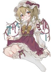 Rule 34 | 1girl, alternate costume, ascot, belt, belt buckle, blonde hair, blue ribbon, blush, blush stickers, bow, brown belt, buckle, buttons, curtsey, dress, flandre scarlet, flat color, frilled dress, frilled sleeves, frilled socks, frills, hat, hat bow, invisible chair, juliet sleeves, kneehighs, long sleeves, medium hair, mob cap, one side up, open mouth, puffy sleeves, red bow, red dress, red eyes, red ribbon, ribbon, simple background, sitting, socks, solo, tamagogayu1998, touhou, white background, white hat, white socks, wing ribbon, wings, yellow gemstone