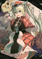 Rule 34 | black bow, blush, book, bow, brown hat, capelet, caution tape, chinese commentary, chocolate in hair, commentary request, dress, eyelashes, frilled dress, frills, fuyuasa, gold bow, green eyes, green hair, hair between eyes, hair bow, hair horns, happy, hat, hatsune miku, highres, holding, holding magnifying glass, juliet sleeves, keep out, lolita fashion, long hair, long sleeves, looking at viewer, magnifying glass, monocle, open book, open mouth, puffy sleeves, sidelocks, sparkle, striped capelet, striped clothes, teeth, tongue, twintails, vocaloid