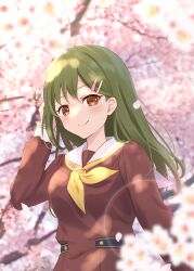 Rule 34 | 1girl, absurdres, arm at side, breasts, brown dress, brown eyes, cherry blossoms, closed mouth, commentary request, dress, green hair, hair ornament, hairclip, hand on own head, hasu no sora school uniform, highres, lens flare, light blush, link! like! love live!, long hair, long sleeves, looking at viewer, love live!, medium breasts, neckerchief, oogami sachi, sailor collar, sailor dress, school uniform, smile, solo, straight hair, tareme, white sailor collar, winter uniform, yellow neckerchief, yutuki ame