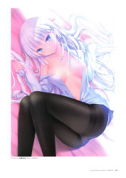 Rule 34 | 1girl, absurdres, ass, bare shoulders, blue eyes, blush, breasts, breasts apart, brown pantyhose, collarbone, copyright name, crotch seam, day, dress shirt, fingernails, hair between eyes, hair ornament, highres, indoors, long hair, long sleeves, looking at viewer, lying, na-ga, naruse shiroha, navel, no bra, no shoes, off shoulder, official art, on back, open clothes, open shirt, panties, panties under pantyhose, pantyhose, scan, shirt, sidelocks, solo, summer pockets, thighband pantyhose, topless, underwear, very long hair, white hair, white panties, white shirt